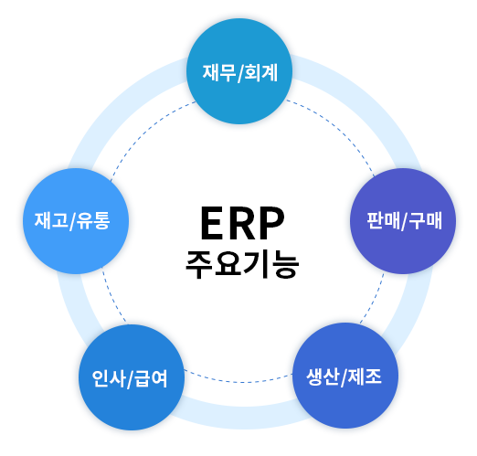 ERP 주요기능 다이어그램: 재무/회계, 판매/구매, 생산/제조, 인사/급여, 재고/유통