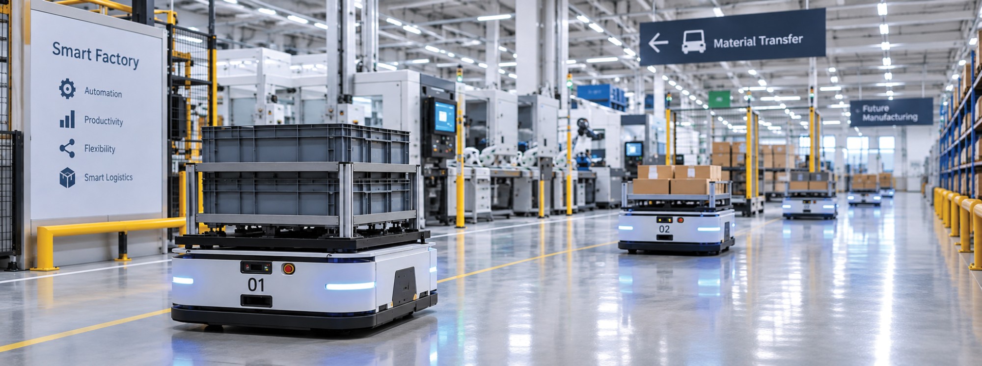 Autonomous mobile robots carrying materials between production lines in a smart factory