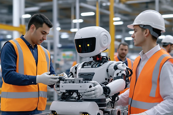 On-site workers inspecting a collaborative robot together