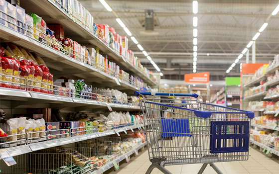 Supermarket shelves and shopping carts