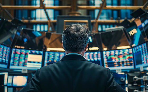 A trader watching the market across multiple monitors