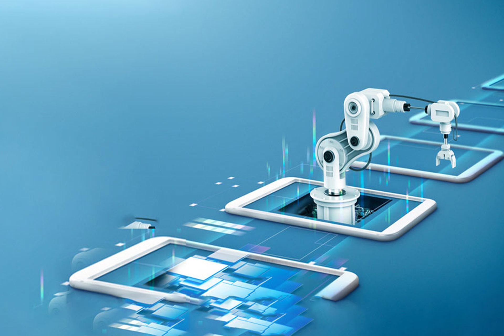 An industrial robotic arm operating above a tablet, with cloud graphics
