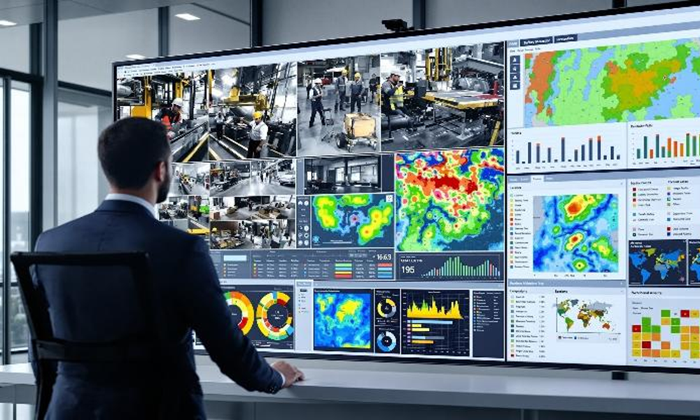 A control-room operator reviewing multi-camera footage and a heatmap dashboard